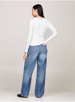 TOMMY HILFIGER Women's Boat Neck Slim Long Sleeve T-Shirt, White - Viscose  - Image 3