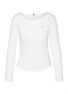 TOMMY HILFIGER Women's Boat Neck Slim Long Sleeve T-Shirt, White - Viscose  - Image 2