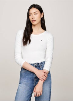 TOMMY HILFIGER Women's Boat Neck Slim Long Sleeve T-Shirt, White - Viscose  - Image 1