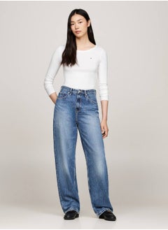TOMMY HILFIGER Women's Boat Neck Slim Long Sleeve T-Shirt, White - Viscose  - Image 5