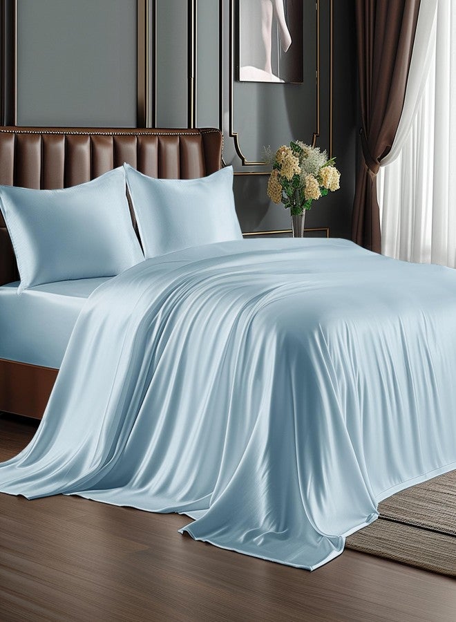 BEDELITE Satin Sheets Twin Size Bed Set, Luxury Soft Light Blue Silky Sheets for Hair and Skin, Similar to Silk Bed Sheets Set 3 Pieces with 1 Deep Pocket Fitted Sheet, 1 Flat Sheet, and 1 Pillowcase - Image 1