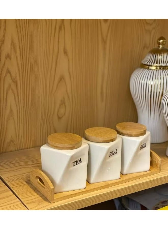 Crooked porcelain ribbed jar set, 3-piece set (sugar + tea + coffee), capacity 600 ml - Image 1