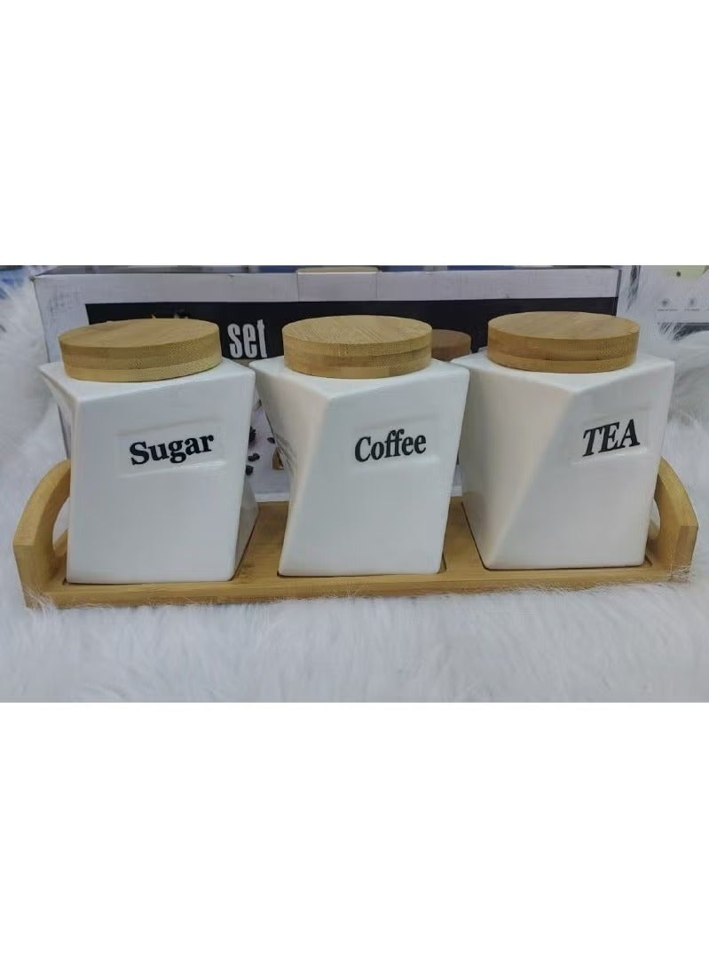 Crooked porcelain ribbed jar set, 3-piece set (sugar + tea + coffee), capacity 600 ml - Image 2