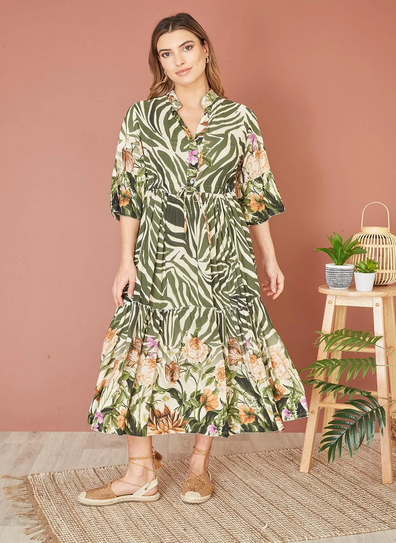 يامي Green Viscose Zebra And Floral Print Midi Dress