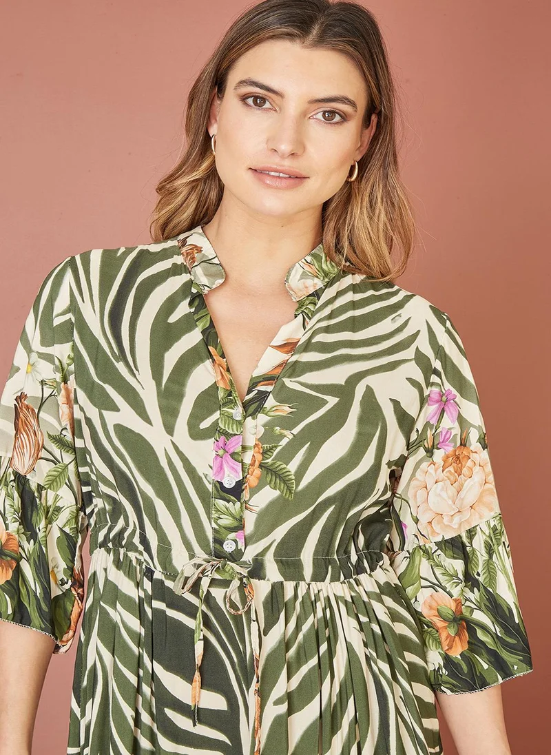 يامي Green Viscose Zebra And Floral Print Midi Dress