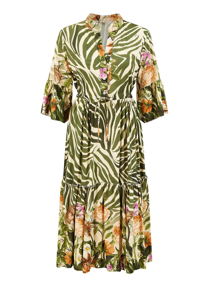 يامي Green Viscose Zebra And Floral Print Midi Dress