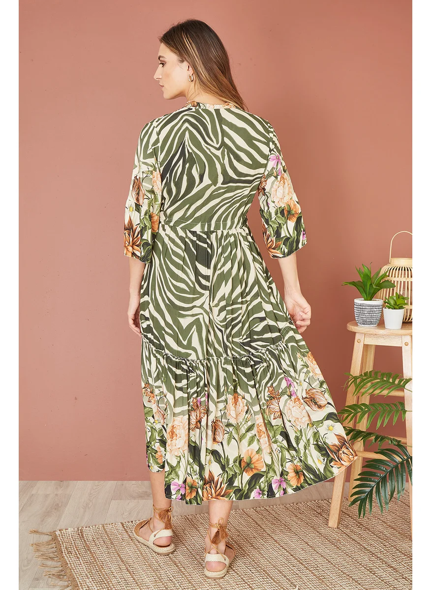 يامي Green Viscose Zebra And Floral Print Midi Dress