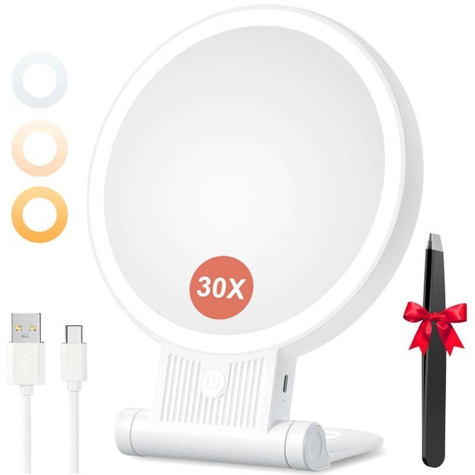 1X30X MAGNIFYING MIRROR WITH LIGHT DOUBLE SIDED MAKEUP MIRROR WITH ADJUSTABLE FOLDING HANDLE LIGHTED VANITY MIRROR WITH TWEEZER PORTABLE TABLETOP MIRROR FOR TRAVEL HOME