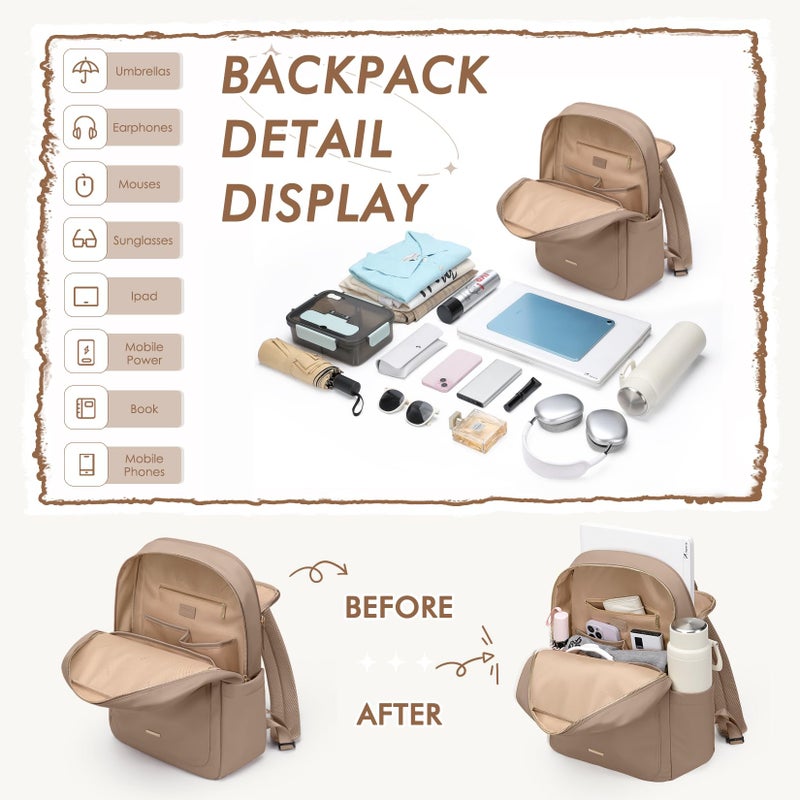 GOLF QUALITY Laptop Backpack for Women,Casual Work Business Backpacks Purse Carry on Travel Backpack,14 Inch,Champagne Brown - Image 3