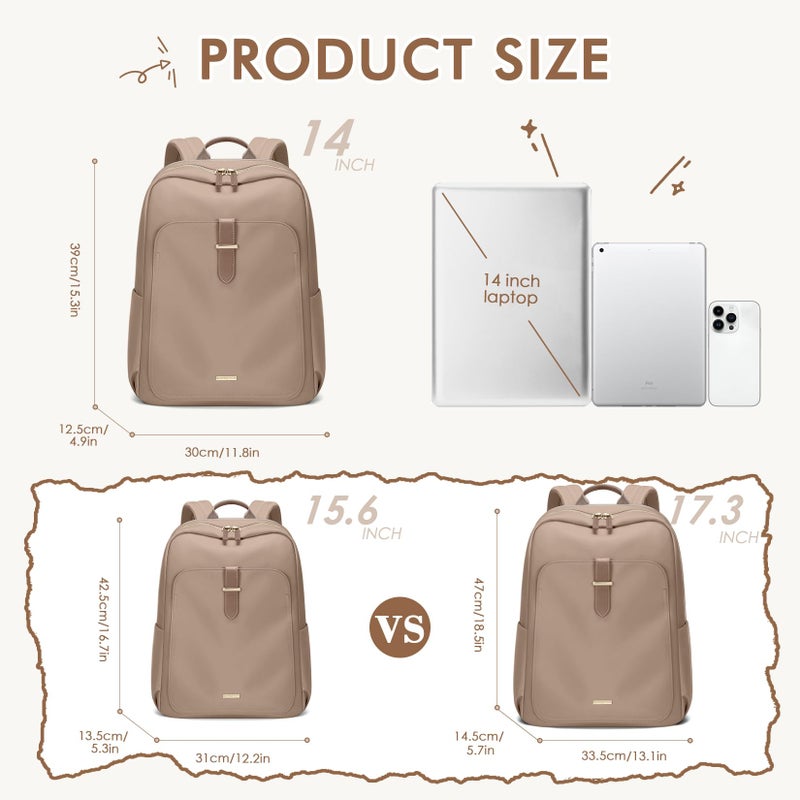 GOLF QUALITY Laptop Backpack for Women,Casual Work Business Backpacks Purse Carry on Travel Backpack,14 Inch,Champagne Brown - Image 2