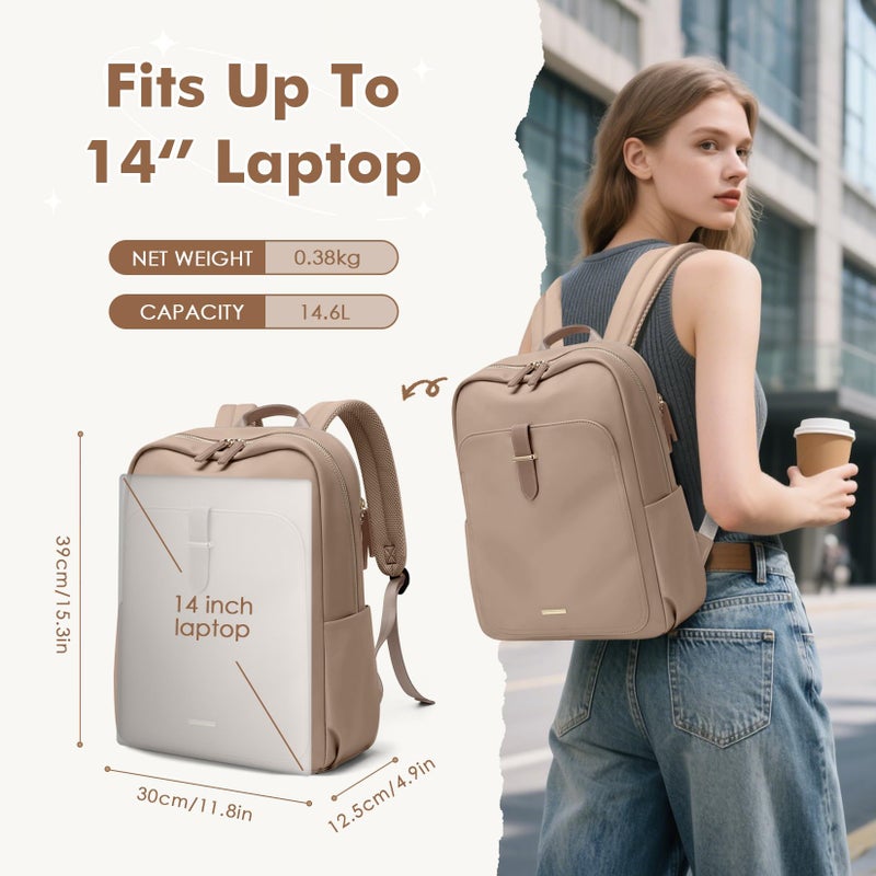 GOLF QUALITY Laptop Backpack for Women,Casual Work Business Backpacks Purse Carry on Travel Backpack,14 Inch,Champagne Brown - Image 4