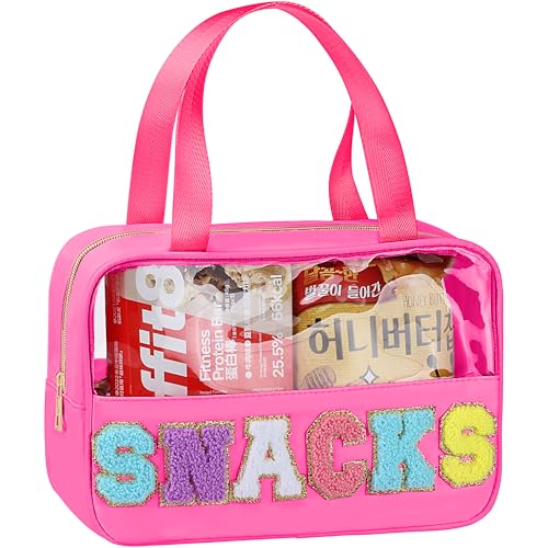 TESAFNG Snack Bag for Travel Chenille Letter Clear Makeup Bag Large Preppy Patch Snack Cosmetic Bag with Handle and Zipper Cute Makeup Pouch NylonPVC Waterproof Toiletry Organizer Storage for Women Girls - Image 1