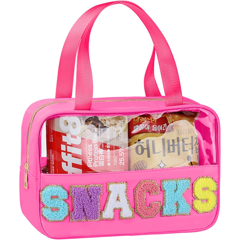 TESAFNG Snack Bag for Travel Chenille Letter Clear Makeup Bag Large Preppy Patch Snack Cosmetic Bag with Handle and Zipper Cute Makeup Pouch NylonPVC Waterproof Toiletry Organizer Storage for Women Girls - Image 2