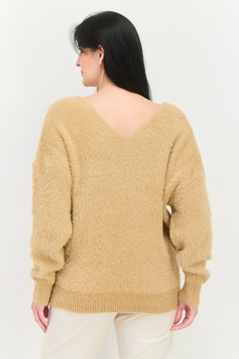 Sage The Label Women V Neck Knitted Sweater, Tan - Image 3