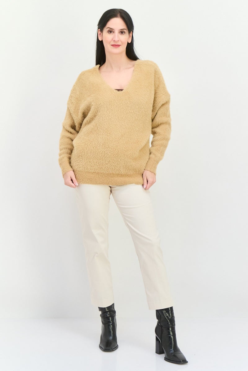 Sage The Label Women V Neck Knitted Sweater, Tan - Image 4