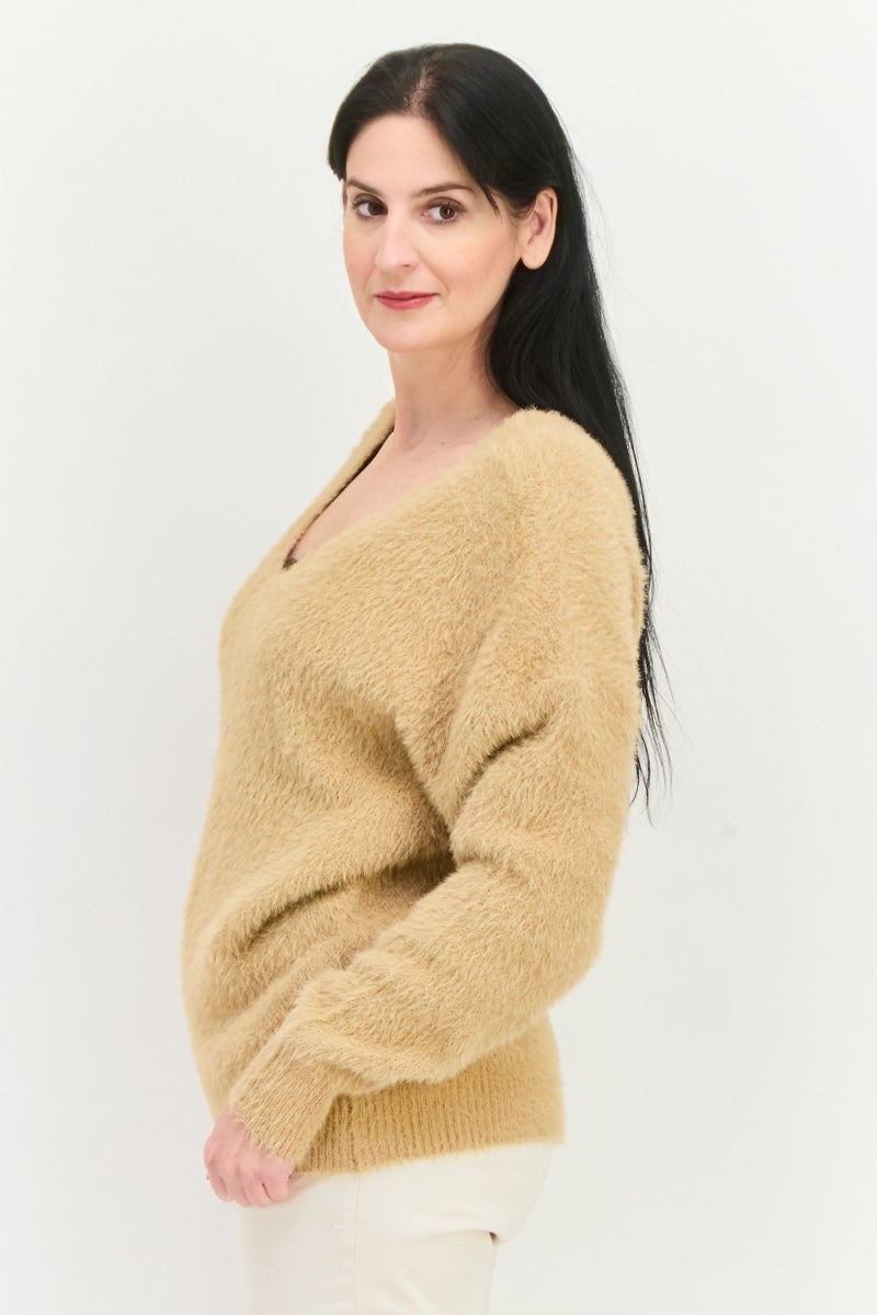 Sage The Label Women V Neck Knitted Sweater, Tan - Image 2