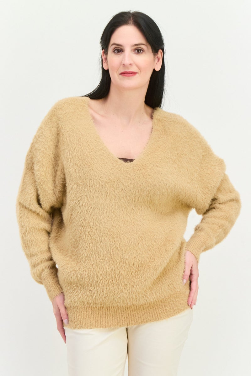 Sage The Label Women V Neck Knitted Sweater, Tan - Image 1