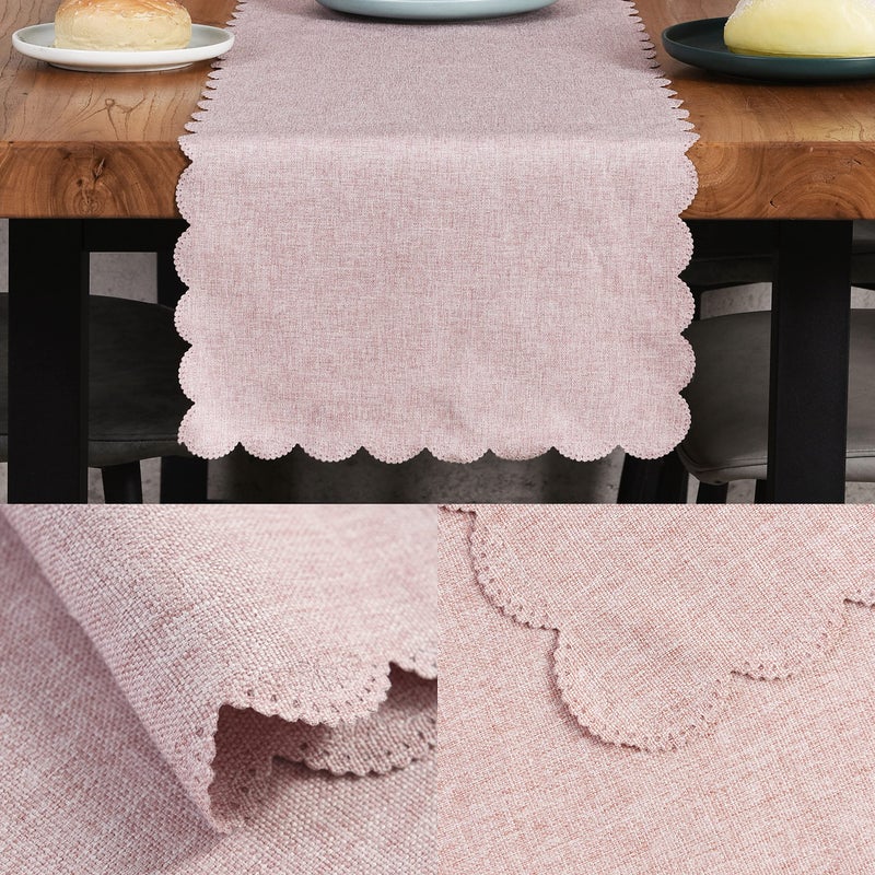 Winotic Table Runner 13 x 72 Inches Long, Cotton Linen Farmhouse Scallop Style Pink Table Linen for Kitchen Dining Coffee Table Parties Wedding Home Decor (13” x 72”, Pink) - Image 3