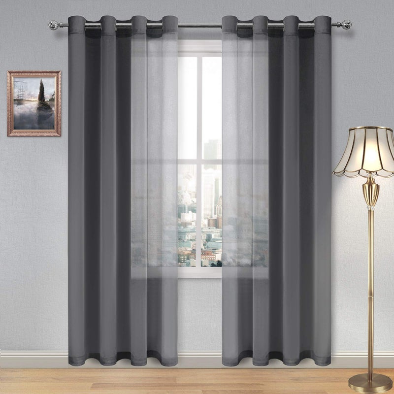 DWCN Dark Grey Sheer Curtains for Living Room Bedroom  Faux Linen Look Voile Drapes Grommet Top Window Curtain Panel 52 x 84 Inches Long Set of 2 Panels