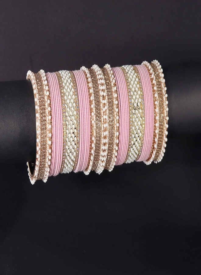 NMII Golden Metal Chuda Bangles Set For Bridal Women & Girls with Zircon Diamond, White Motis & Velvet Bangles | Latest Trendy Chooda Set | Bangles Set For Wedding, Party-(Chuda102-Pink-2.8) - Image 4