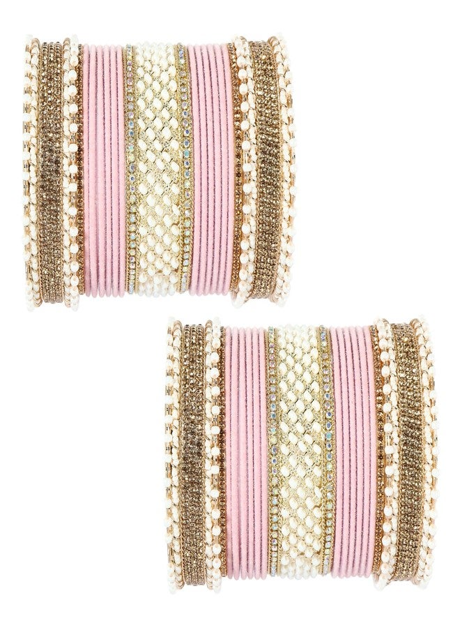NMII Golden Metal Chuda Bangles Set For Bridal Women & Girls with Zircon Diamond, White Motis & Velvet Bangles | Latest Trendy Chooda Set | Bangles Set For Wedding, Party-(Chuda102-Pink-2.8) - Image 1