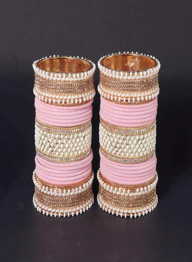 NMII Golden Metal Chuda Bangles Set For Bridal Women & Girls with Zircon Diamond, White Motis & Velvet Bangles | Latest Trendy Chooda Set | Bangles Set For Wedding, Party-(Chuda102-Pink-2.8) - Image 3