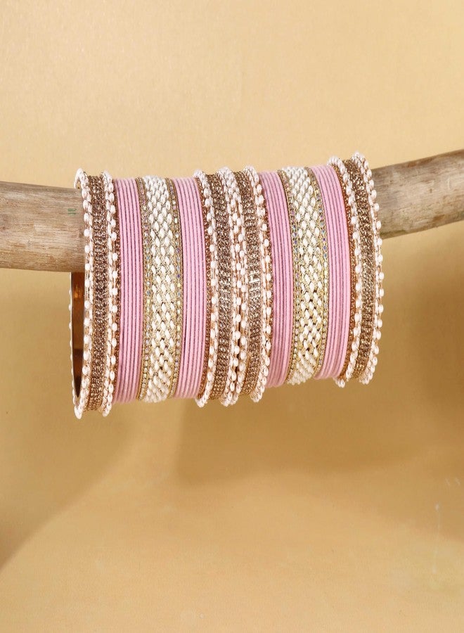 NMII Golden Metal Chuda Bangles Set For Bridal Women & Girls with Zircon Diamond, White Motis & Velvet Bangles | Latest Trendy Chooda Set | Bangles Set For Wedding, Party-(Chuda102-Pink-2.8) - Image 2