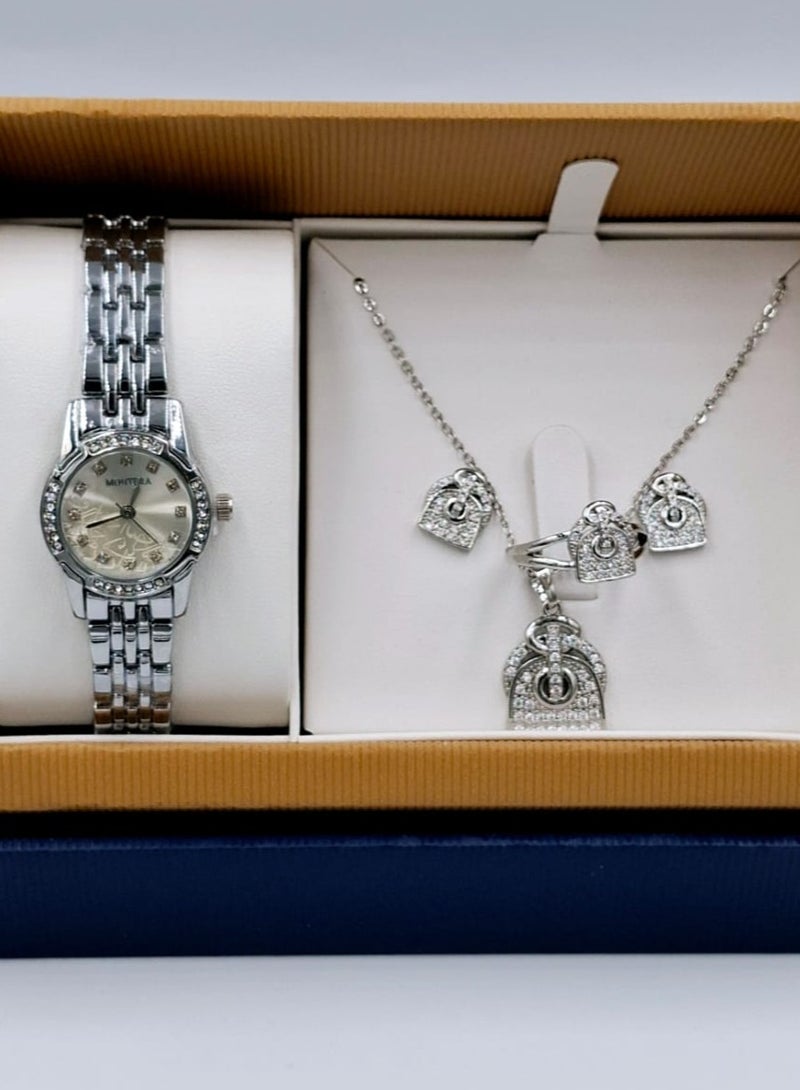 مونتيرا طقم ساعة يد بعقارب وطقم مكون من السلسال والحلق والخاتم للنساء
