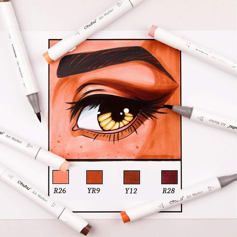 أوهوهو أقلام ألكوهو (Ohuhu Alcohol Markers)، 24 لونًا متناسقًا مع لون البشرة، مزودة بفرشاة ومطرقة للاستخدام من قبل البالغين - Image 4