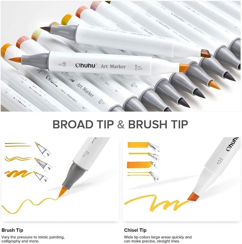 أوهوهو أقلام ألكوهو (Ohuhu Alcohol Markers)، 24 لونًا متناسقًا مع لون البشرة، مزودة بفرشاة ومطرقة للاستخدام من قبل البالغين - Image 2