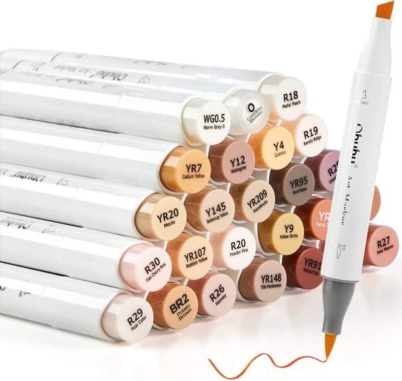 أوهوهو أقلام ألكوهو (Ohuhu Alcohol Markers)، 24 لونًا متناسقًا مع لون البشرة، مزودة بفرشاة ومطرقة للاستخدام من قبل البالغين - Image 1