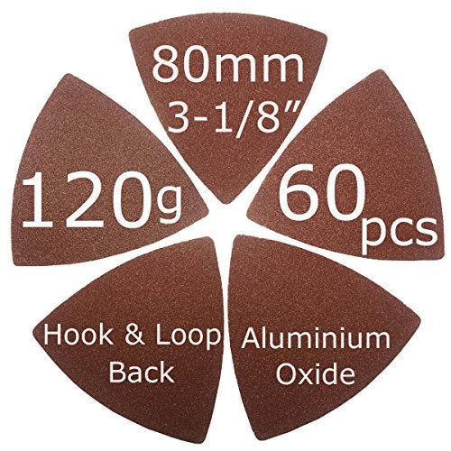 XXGO 60 Pcs 120 Grits Triangular 3-1/8 Inch 80mm Hook & Loop Oscillating Tool Sanding Paper for Wood Sanding Fit 3-1/8 Inch 80mm Triangular Oscillating Multi Tool Sanding Pads XG8020120 - Image 2