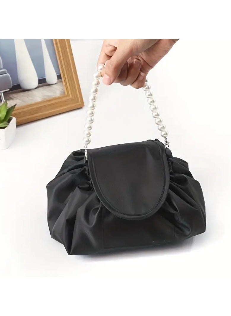 ORiTi حقيبة مكياج بتفاصيل مجمعة وتصميم سحب بسيط لحقيبة مستحضرات التجميل للسفر، حقيبة تجميل مزينة باللؤلؤ الصناعي - Image 1