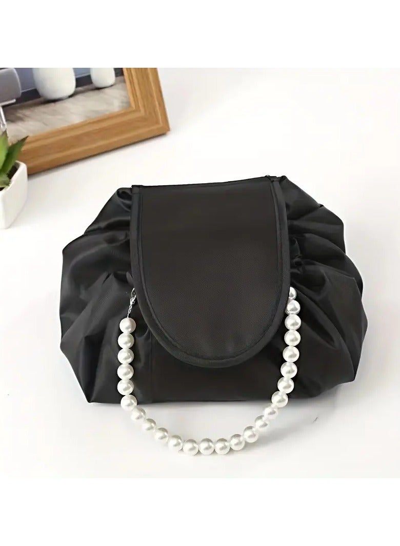 ORiTi حقيبة مكياج بتفاصيل مجمعة وتصميم سحب بسيط لحقيبة مستحضرات التجميل للسفر، حقيبة تجميل مزينة باللؤلؤ الصناعي - Image 5