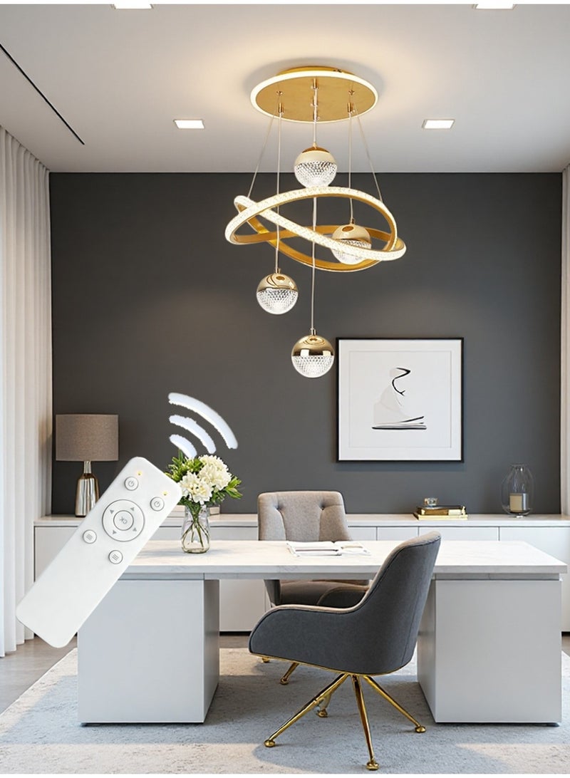 Modern LED chandelier, with three adjustable lighting colors, height adjustable, remote control/switchable control. Suitable for above the dining table, bedroom, study, small living room, golden color. - Image 1