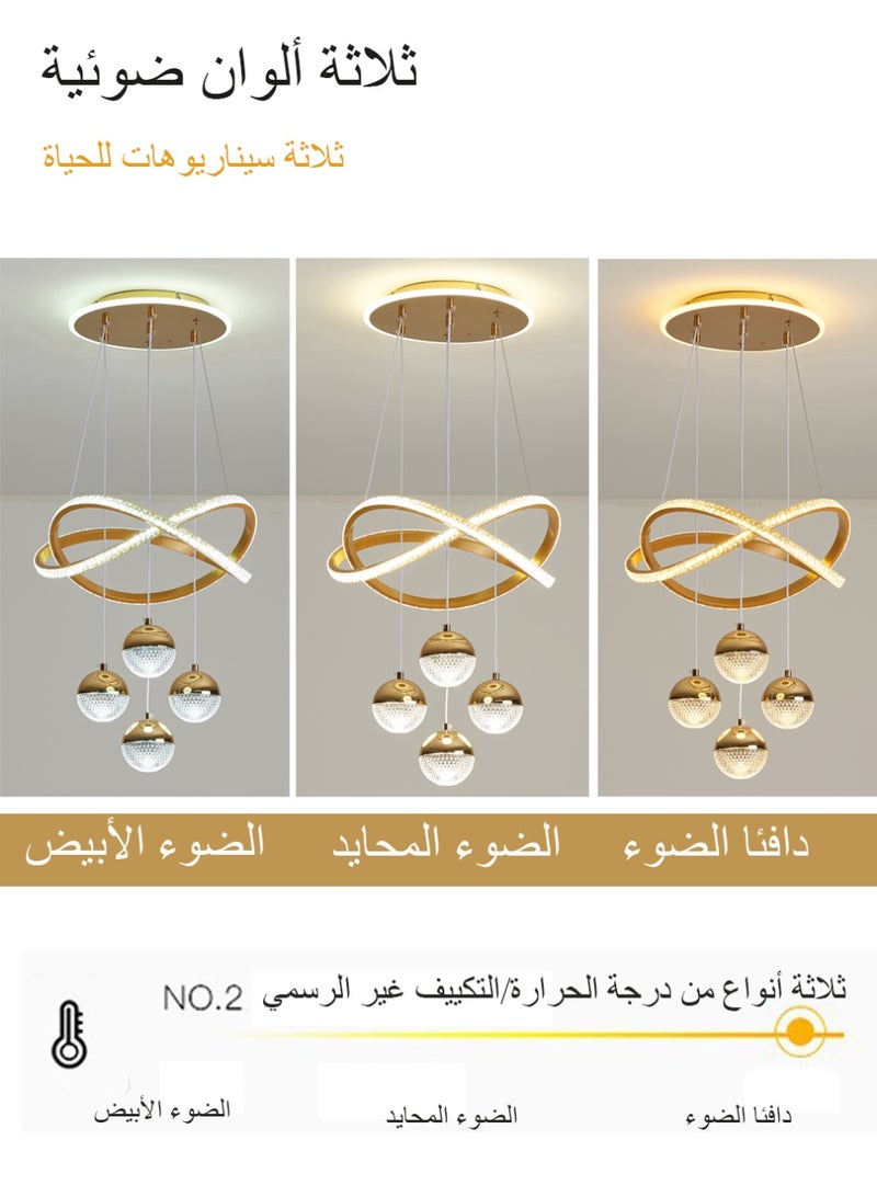 Modern LED chandelier, with three adjustable lighting colors, height adjustable, remote control/switchable control. Suitable for above the dining table, bedroom, study, small living room, golden color. - Image 5