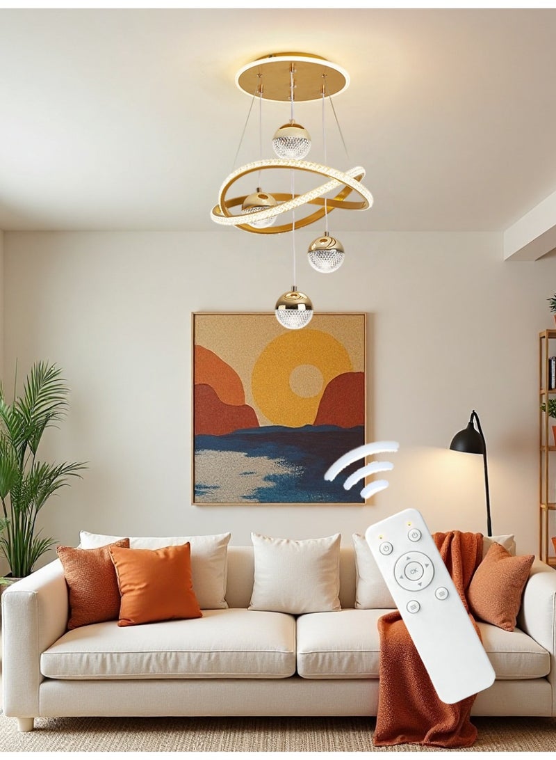 Modern LED chandelier, with three adjustable lighting colors, height adjustable, remote control/switchable control. Suitable for above the dining table, bedroom, study, small living room, golden color. - Image 1