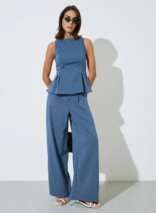 Styli Blue Sleeveless Pinstriped Pleated Blouse