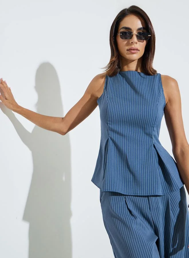 Styli Blue Sleeveless Pinstriped Pleated Blouse