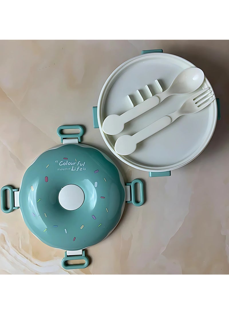 Twisoo - Twisoo Donut Stainless Steel Lunch Box Double Decker BPA Free Leakproof Clip Lock 3 Compartment with Spoon - for Kid, School Child Snack Box (Green) - Image 1