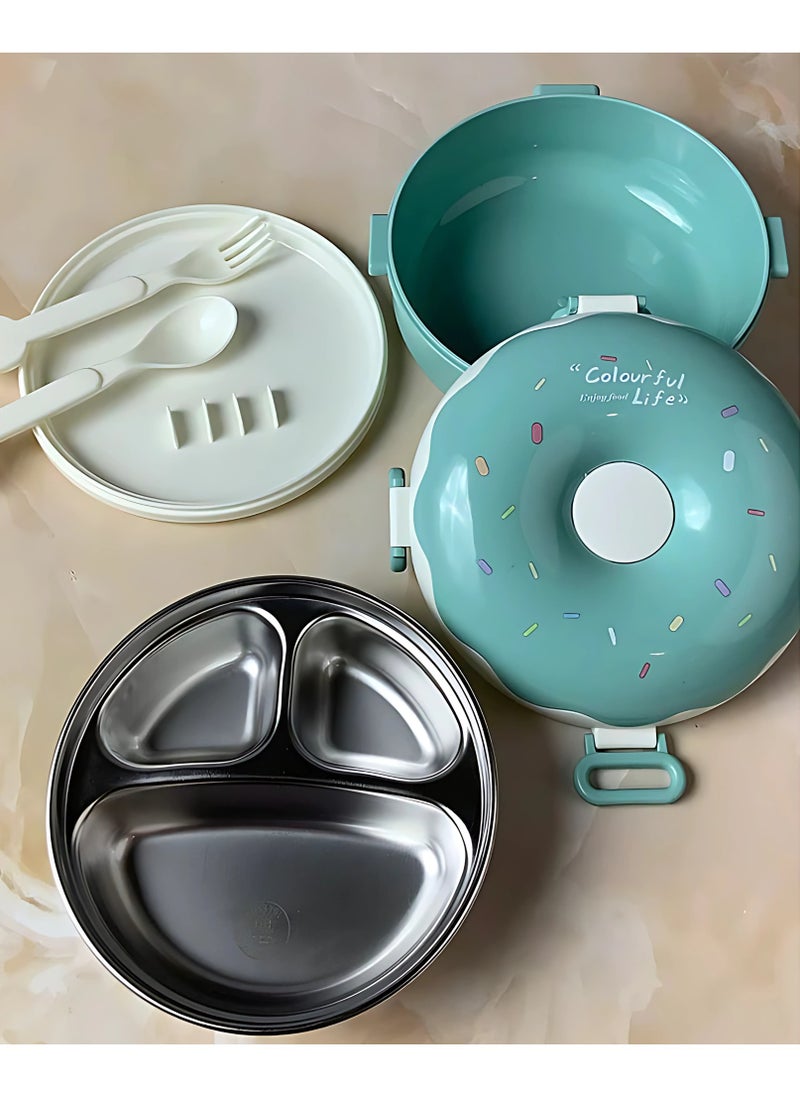 Twisoo - Twisoo Donut Stainless Steel Lunch Box Double Decker BPA Free Leakproof Clip Lock 3 Compartment with Spoon - for Kid, School Child Snack Box (Green) - Image 1