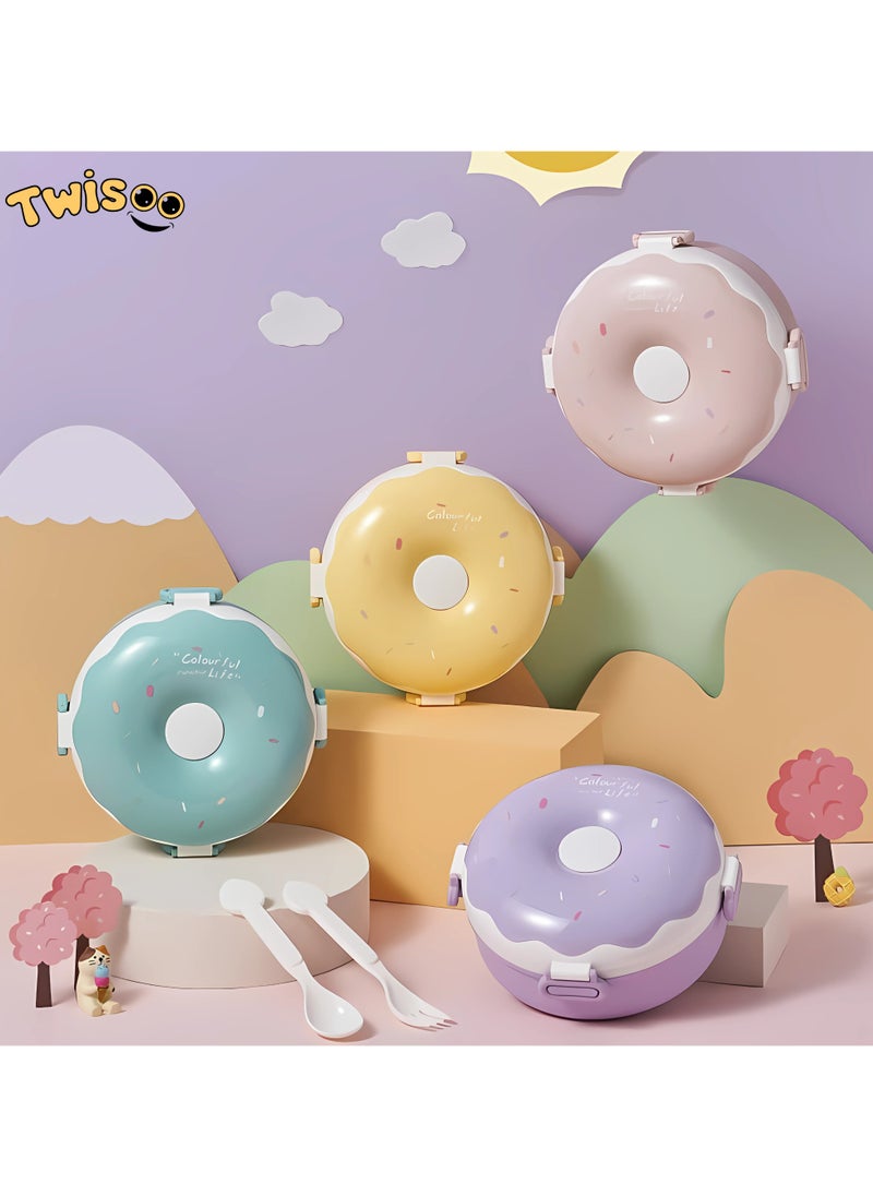 Twisoo - Twisoo Donut Stainless Steel Lunch Box Double Decker BPA Free Leakproof Clip Lock 3 Compartment with Spoon - for Kid, School Child Snack Box (Green) - Image 1