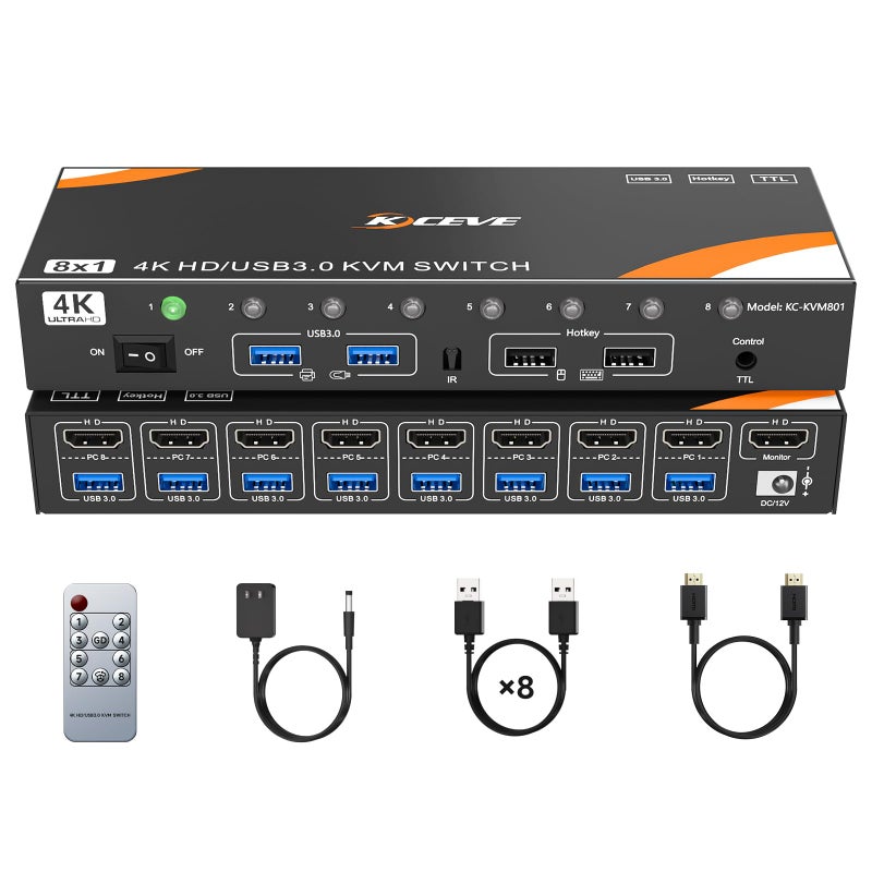 KCEVE HDMI KVM Switch 8 Computers 1 Monitor, 8 Ports USB 3.0 KVM Switcher Support 4K@60Hz for 8 PC Share Keyboard and Mouse, Support Hotkey Switching Way - Image 1