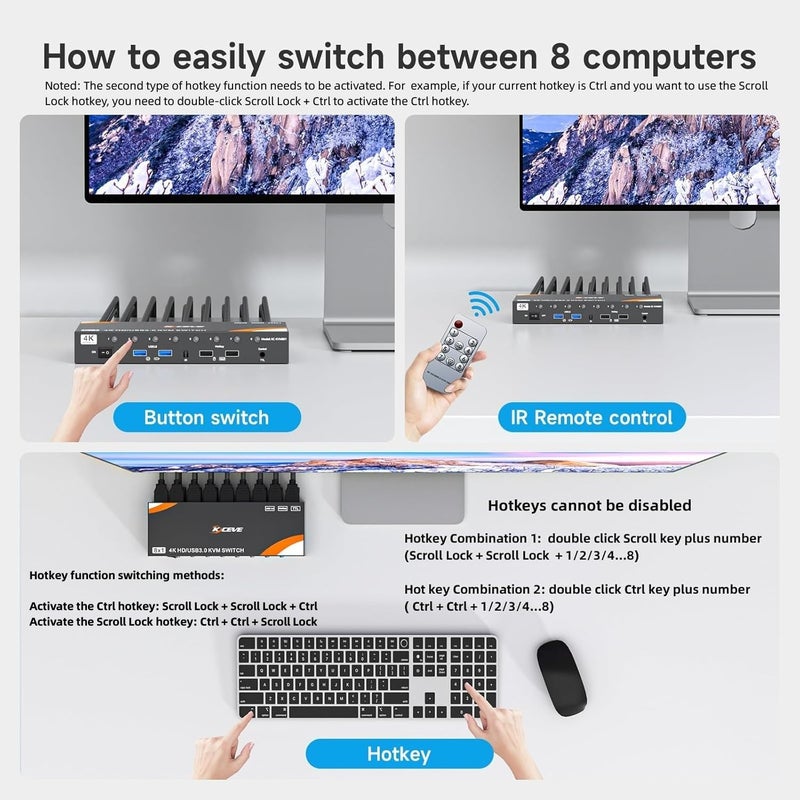 KCEVE HDMI KVM Switch 8 Computers 1 Monitor, 8 Ports USB 3.0 KVM Switcher Support 4K@60Hz for 8 PC Share Keyboard and Mouse, Support Hotkey Switching Way - Image 4
