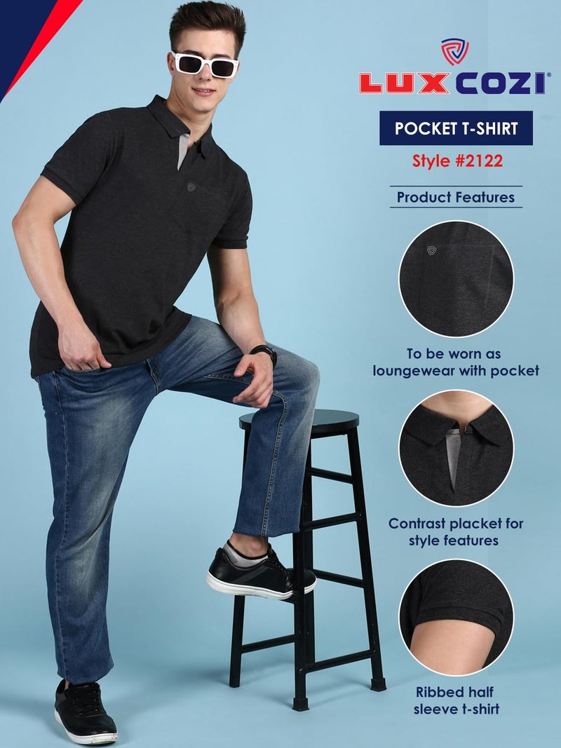 Lux Cozi Men's Regular Fit Polo Neck Half Sleeve Solid Casual T-Shirt with Chest Pocket_COZI_2122_BM_POOLBU_3XL_2PC - Image 2