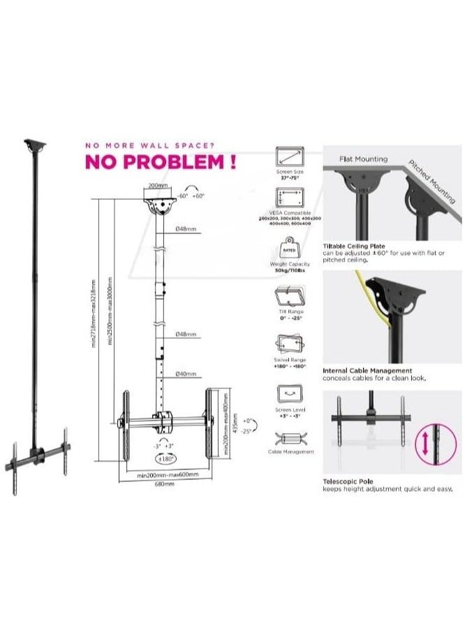Skilltech Ceiling Mount SH 643C for 26"–75" LED & LCD Screens – VESA 600x400 Compatible, Adjustable Drop Height from 2.5m to 3m, Max Load Capacity 50kg, Black Steel Heavy-Duty Construction for TV Mounting in Homes, Offices, Retail Spaces & Meeting Rooms - Image 2
