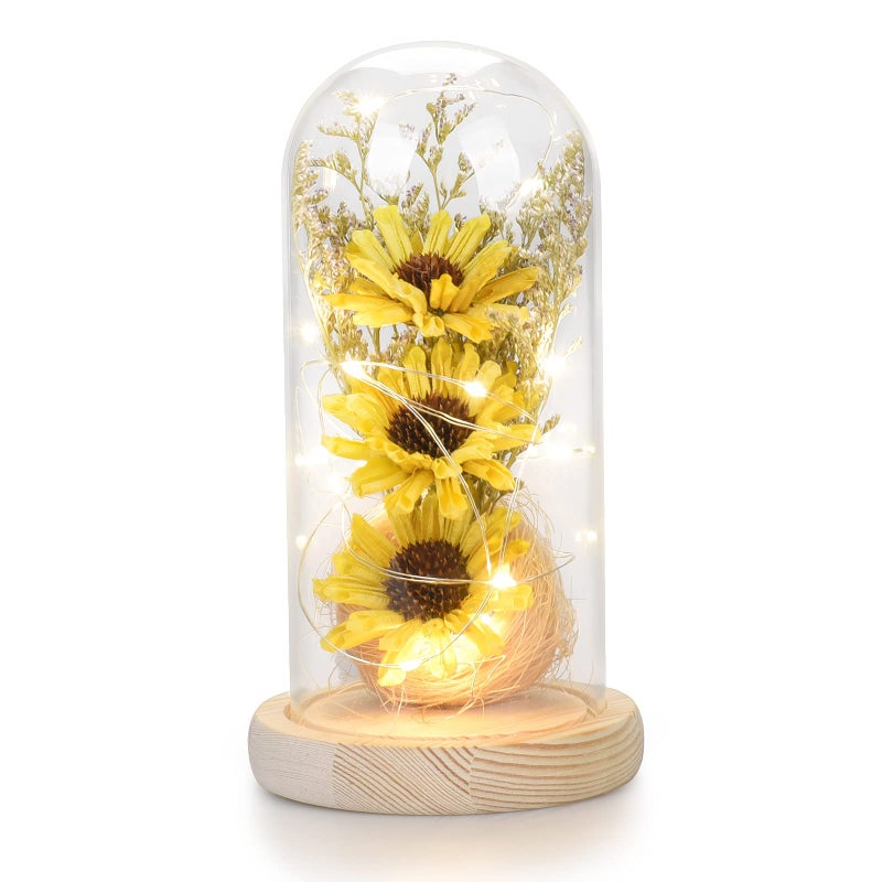 Sunflower Gifts for Women Sunflowers Artificial Flowers in Glass Dome with LED Strip Birthday Gifts for Mom  Grandma Sunflower Decor on Mothers Day Christmas Valentines Day Yellow