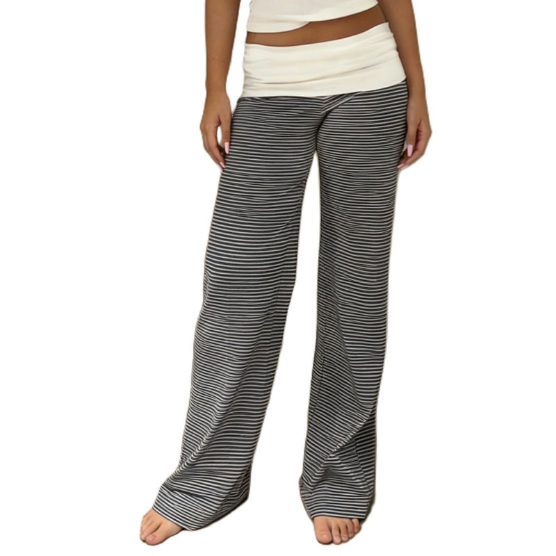 FOMOYUU Women's Fold Over Lounge Pants Low Rise Wide Leg Yoga Sweatpants Stretchy Bell Bottoms Leggings Roll Over Pants (White+Black, M) - Image 1