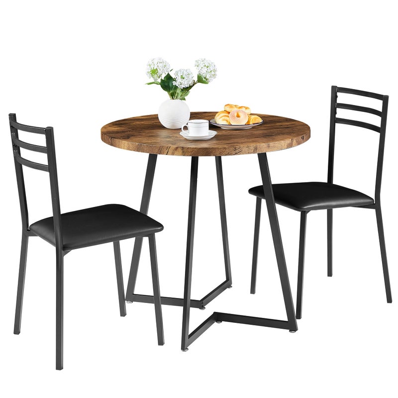 VECELO Small Round Kitchen Table with 2 Upholstered Chairs 3Piece Wood Dinette Sets with Steel Frame for Breakfast Nook Dining Room and Small Space Brown