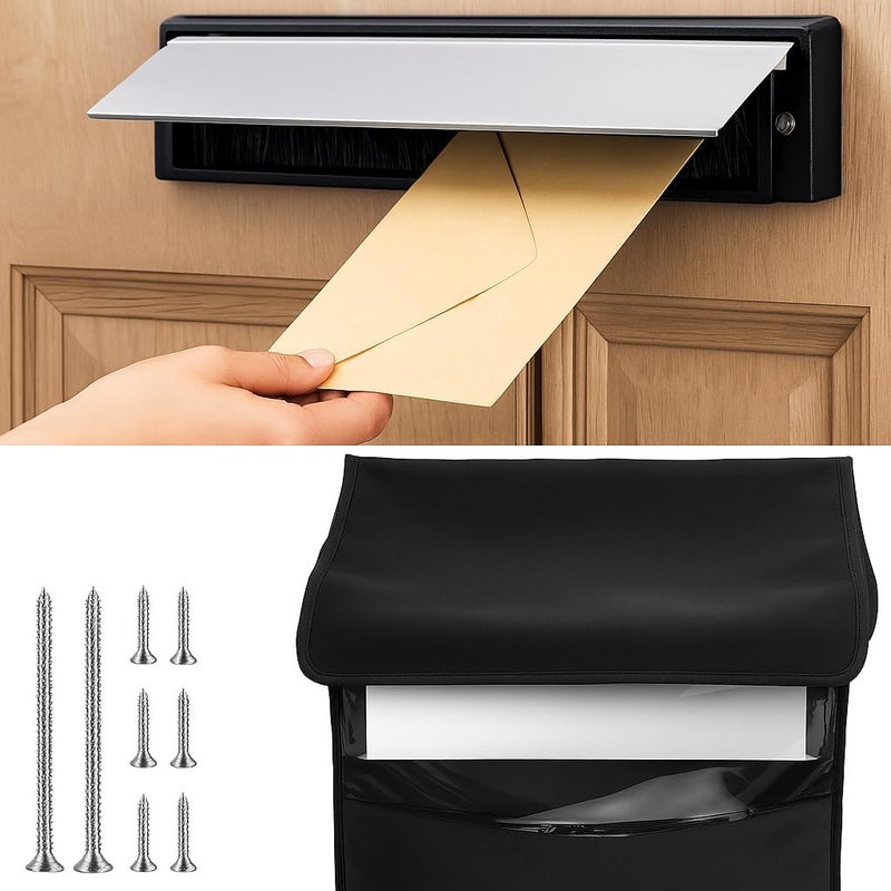 Dntorx 1 Set Mail Slot for Front Door, Aluminum Alloy Mail Slots Cover with Mail Catcher Bag Mail Slot Catcher for Door Mail Slot(12"×2.7",Black) - Image 1